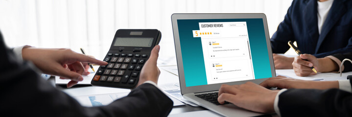 Poster - Business intelligence and data analysis concept. Analyst team working on financial data analysis dashboard on laptop screen as marketing indication for effective business strategic planning. Insight