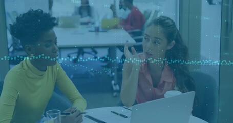 Poster - Two women lifting cup initiating business analysis on laptop pointing charts with waveform overlay
