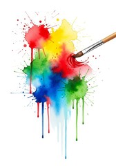 Poster - Vibrant Watercolor Splashes with Paintbrush Creating an Artistic Expression - A stunning display of colorful watercolor splashes with a paintbrush adding vibrant detail, symbolizing creativity,
