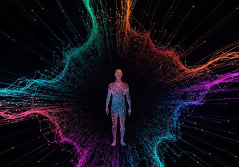 Poster - Visualization of Human Energy and Resonant Frequency - A captivating depiction of human energy illustrated through colorful lines representing waveforms and interconnectedness in a dark background