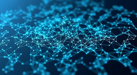 Poster - Abstract network of interconnected nodes and lines in shades of blue, suggesting connectivity, data, and technology.
