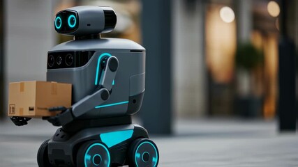 Poster - Modern delivery robot carrying a small cardboard box outdoors, showcasing future automated logistics, footage.