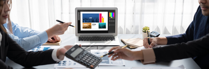 Poster - Business intelligence and data analysis concept. Analyst team working on financial data analysis dashboard on laptop screen as marketing indication for effective business strategic planning. Insight