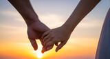 Romantic couple holding hands at sunset wedding ring love story honeymoon travel destination romance bliss