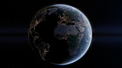 Poster - Earth planet shown at night with city lights and glowing lines around. Global communication network concept footage.