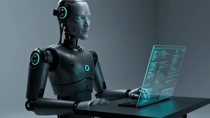 Poster - A humanoid robot works on a virtual transparent screen, representing future technology and artificial intelligence development footage.
