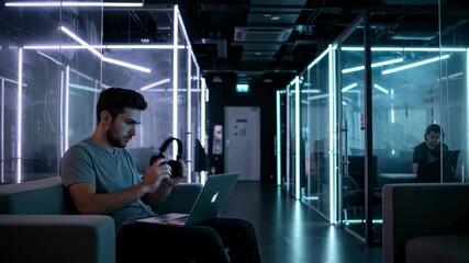 Poster - Young man wearing headphones and typing on laptop. Future modern office with neon lights and glass walls, innovation concept for programmer footage.