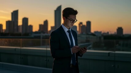 Poster - Man businessman using tablet on rooftop at sunset. Modern executive working with tech device outdoors in city, footage.