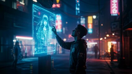Poster - Young man interact with holographic screen on futuristic street with neon light. Digital display of virtual avatar, smart city technology footage.