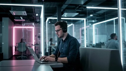 Poster - Young man with glasses and headphones working on laptop in modern office interior. Productivity and technology concept footage.