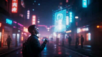 Poster - Young man interacts with a futuristic holographic face, personifying AI and digital transformation on a neon city street.