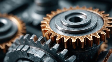 Poster - Shiny gears interlock seamlessly, highlighting detailed craftsmanship in a mechanical workshop. The contrast of metallic hues emphasizes the industrial design in this workspace.