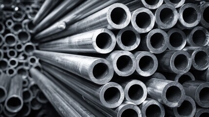Poster - Steel pipes are arranged in neat stacks within an industrial warehouse.