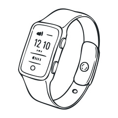 Poster - Black and white smartwatch sketch with health tracking interface and adjustable band. Vector illustration