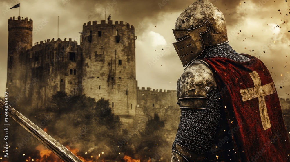 Illustration Stock Knight in armor stands guard before a medieval ...