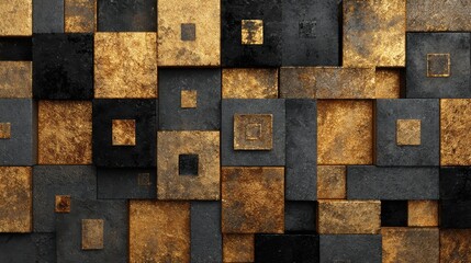 Poster - A visually striking arrangement of geometric shapes in varying sizes, blending gold and black tones. This artwork enhances the atmosphere of any modern interior, adding style and sophistication.