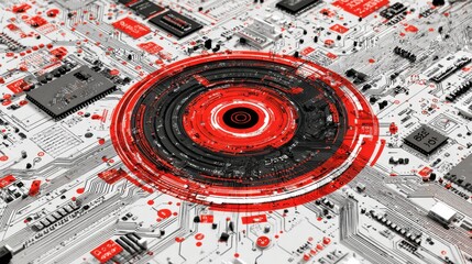 Poster - Digital artwork focuses on a detailed circuit board featuring bold red circular patterns. This composition emphasizes technology and innovation, highlighting intricate electronic elements.