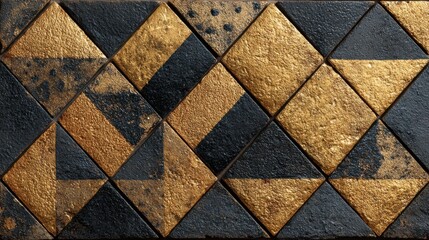 Poster - Geometric tiles adorn a wall with a mix of black and gold hues, showcasing a modern design aesthetic. The shapes create an eye-catching visual effect that enhances the space's elegance.