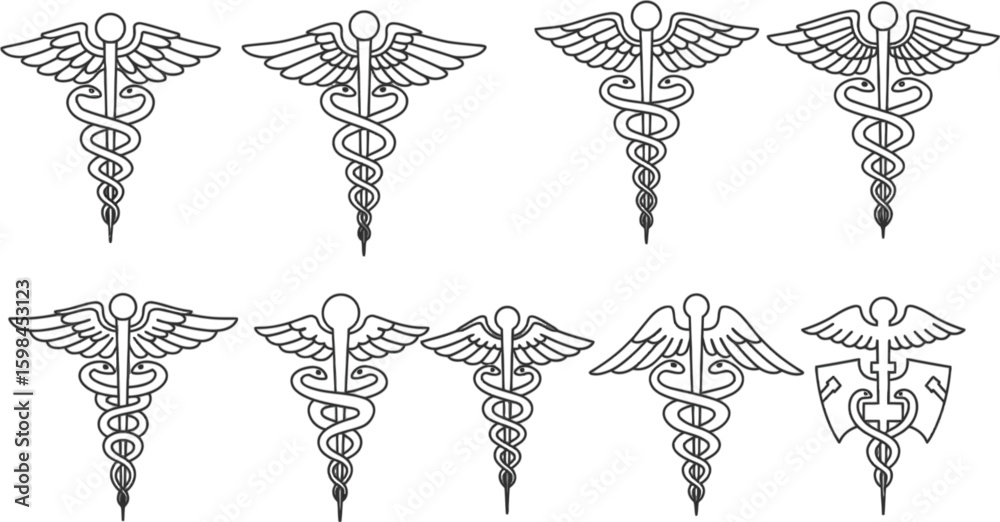 Vector art of a set of caduceus symbols isolated on white background ...