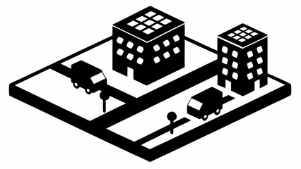 Leinwandbilder - Isometric view of a city with two buildings, two vehicles, and street lights in black and white style