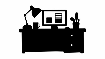 Fototapete - A silhouette illustration of a desk with a computer lamp mug and a plant in a pot on top of it