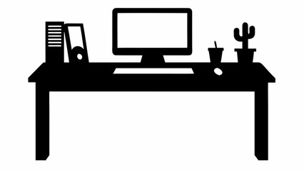 Fototapete - Black silhouette of a desk with a computer monitor books drink cactus and mouse on a white background