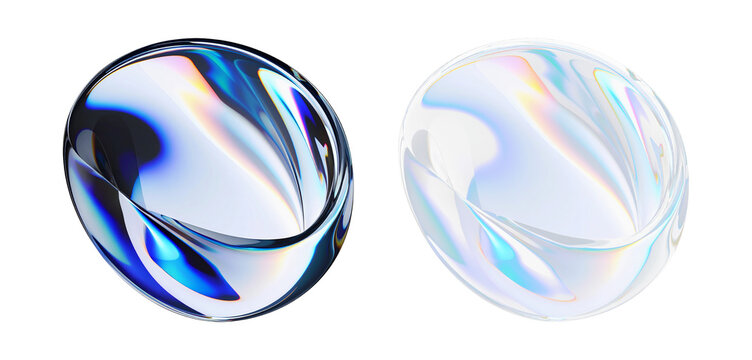 Pair of iridescent 3D glass spheres – solid version and transparent version. Abstract gradient objects with rainbow reflections and fluid shapes. Vibrant and futuristic design elements.