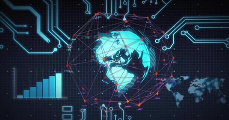 Poster - Glowing globe driving network nodes forming, bar chart growing, globe rotating showing data stats