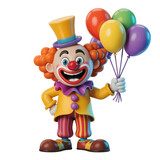 Cheerful cartoon clown character wearing a yellow top hat and holding a bunch of colorful balloons isolated on a transparent background
