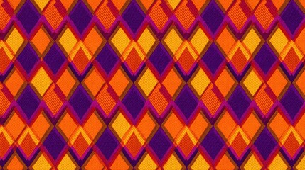 Poster - A bold and colorful geometric pattern displaying interlocking diamonds in shades of orange, yellow, and purple. This design is perfect for fabric or wallpaper applications.