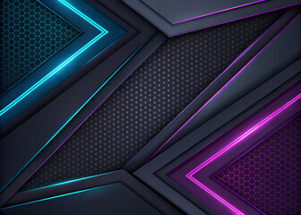 Poster - Dark abstract geometric background with glowing neon blue and pink angular shapes and textured panels