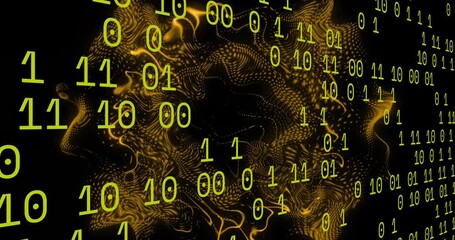 Poster - Cascading binary digits starting right shift while golden 3D mesh pulsing morphing visualizing data