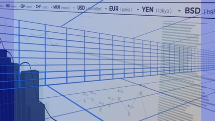 Poster - 3D financial data chart opening wireframe grid growing bars drawing curve cycling currency labels