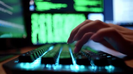 Person typing on a glowing keyboard with green code on screen