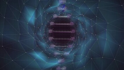 Poster - Purple pixels flickering at core forming bars splitting into rotating clusters showing data flow
