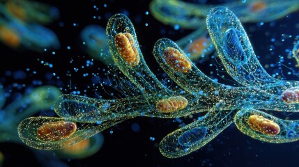 Poster - Fluorescent microbes are displayed against a dark background, highlighting their delicate structures and movements. The vibrant colors create an engaging visual of microbial life in water.