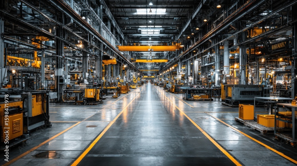 Large manufacturing facility features rows of advanced machinery and ...