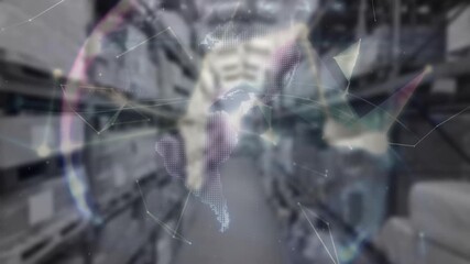 Poster - Polygonal nodes drifting into warehouse pulsing ring rotating globe overlay showing network