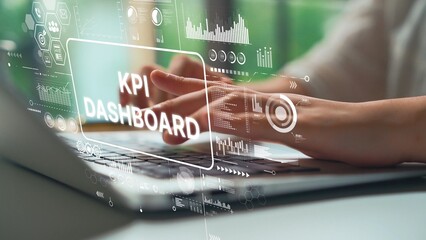 Poster - Professional User Analyzing Key Performance Indicators on KPI Dashboard Displayed on Laptop Screen with Data Visualizations. Asymptotic smart data analytic.