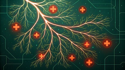 Aufkleber - Abstract illustration of branching veins with glowing plus signs on a dark green background