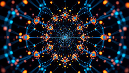 Poster - Abstract glowing network with connections forming a circular pattern on a dark backdrop