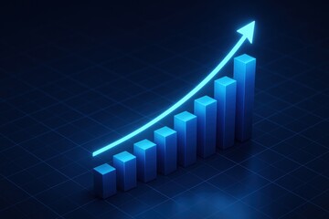 Poster - Financial Growth Ascent: Capturing a graphic representation of financial growth with ascending blue bars and a dynamic upward-pointing arrow, set against a deep, textured backdrop.