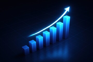Poster - Ascending Financial Growth: A vibrant, stylized graph rises dynamically, signifying market success and progress through an upwards-pointing arrow on a sleek dark background. 