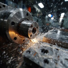 Poster - Close-up of a metalworking machine in action showing the coolant spraying and sparks flying as metal is shaped during the machining process. This highlights the precision and intensity of the work.