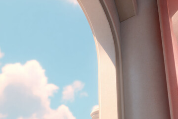 Aufkleber - Soft light streams through minimal arched window, casting gentle shadows on pastel wall with serene sky and fluffy clouds in background, evoking calm and tranquility