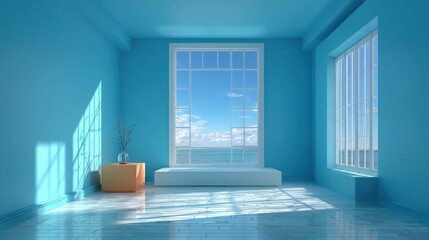 Poster - A spacious room features vibrant blue walls and large windows showcasing a peaceful ocean view. Soft sunlight fills the room, creating a calming atmosphere.