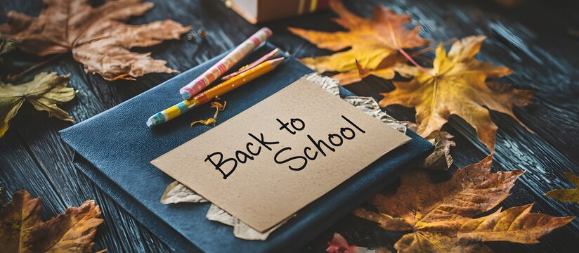 School supplies on background with text Back to school