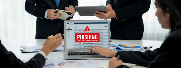 Poster - Cyber security software show alert of cyber attack for protection brisk. Danger from virus, phishing and cyber fraud.