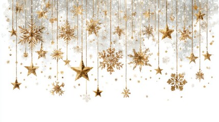Poster - Golden snowflakes and stars dangle gracefully from above, creating an enchanting winter wonderland. The sparkling background enhances the magical atmosphere of the holiday season.