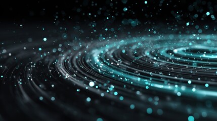 Fototapete - A collection of vibrant particles floats above a dark surface, forming concentric ripples. Soft blue and green highlights create a stunning visual effect, suggesting movement and energy.